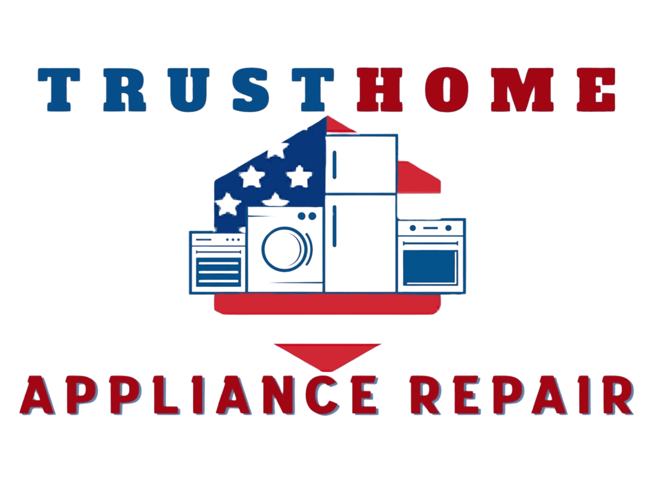 Trusthome Appliance Repair logo with a house-shaped American flag and icons of household appliances.