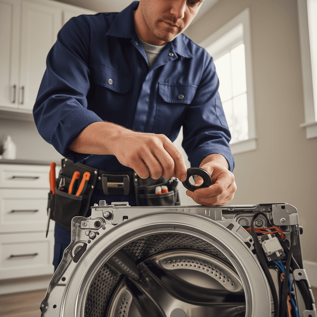 Technician troubleshooting a washer in a Charlotte home