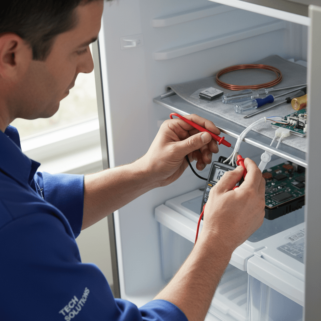 Multimeter check behind an opened refrigerator