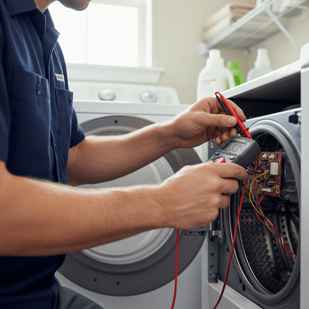 Technician repairing an open washing machine at a customer's home