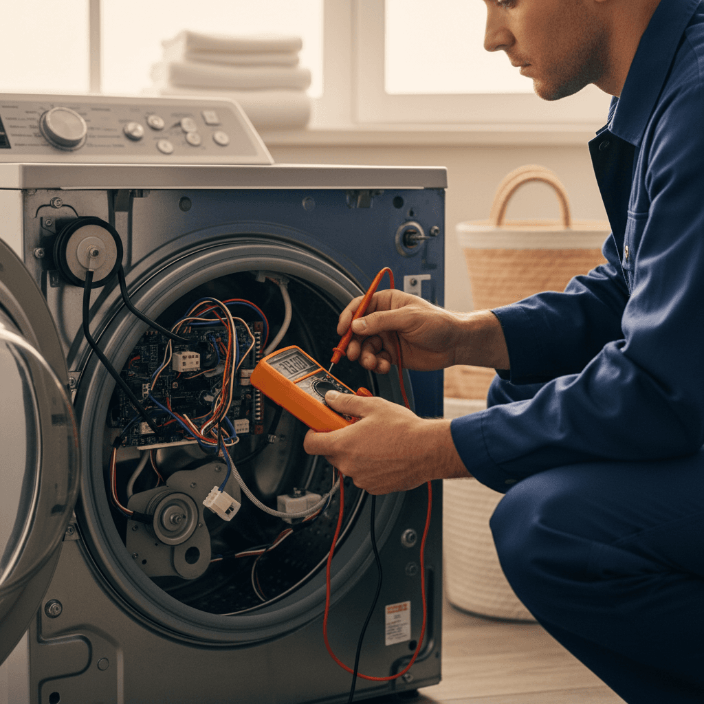 Technician repairing an open washing machine panel
