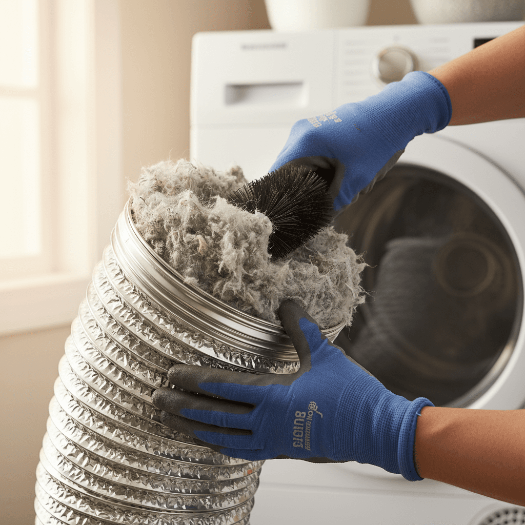 Cleaning a dryer vent and lint trap during a checkup