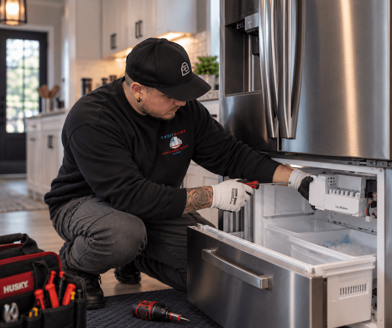 Technician kneeling to repair an ice maker inside a stainless steel refrigerator freezer drawer.