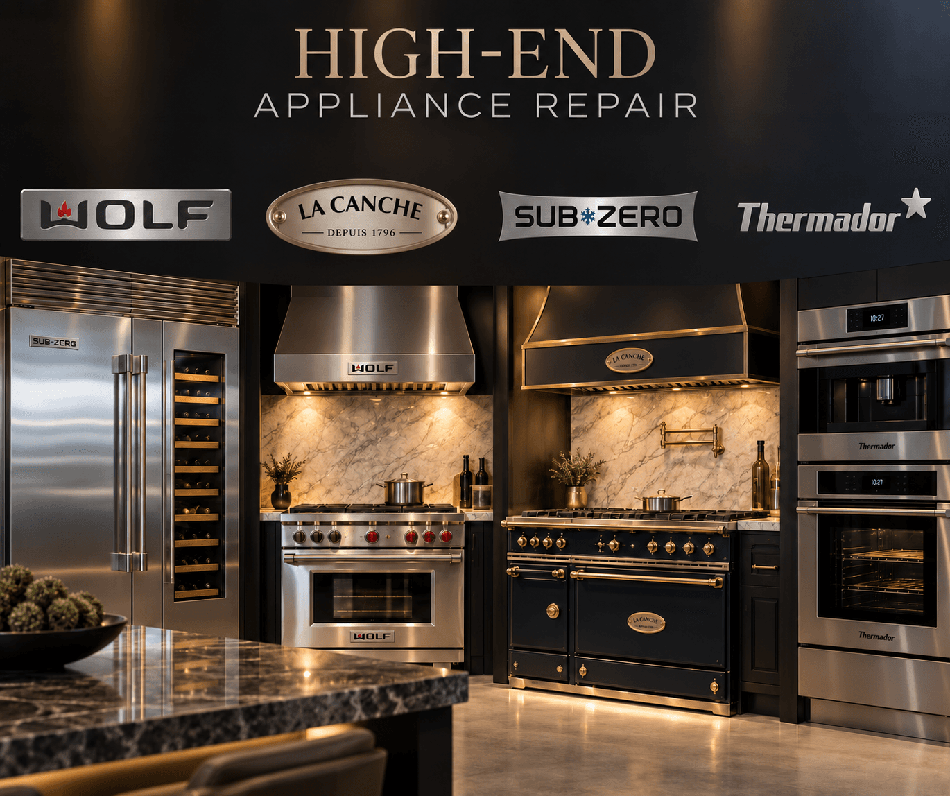 Luxury kitchen appliances from Wolf, La Canche, Sub-Zero, and Thermador for high-end repair services.