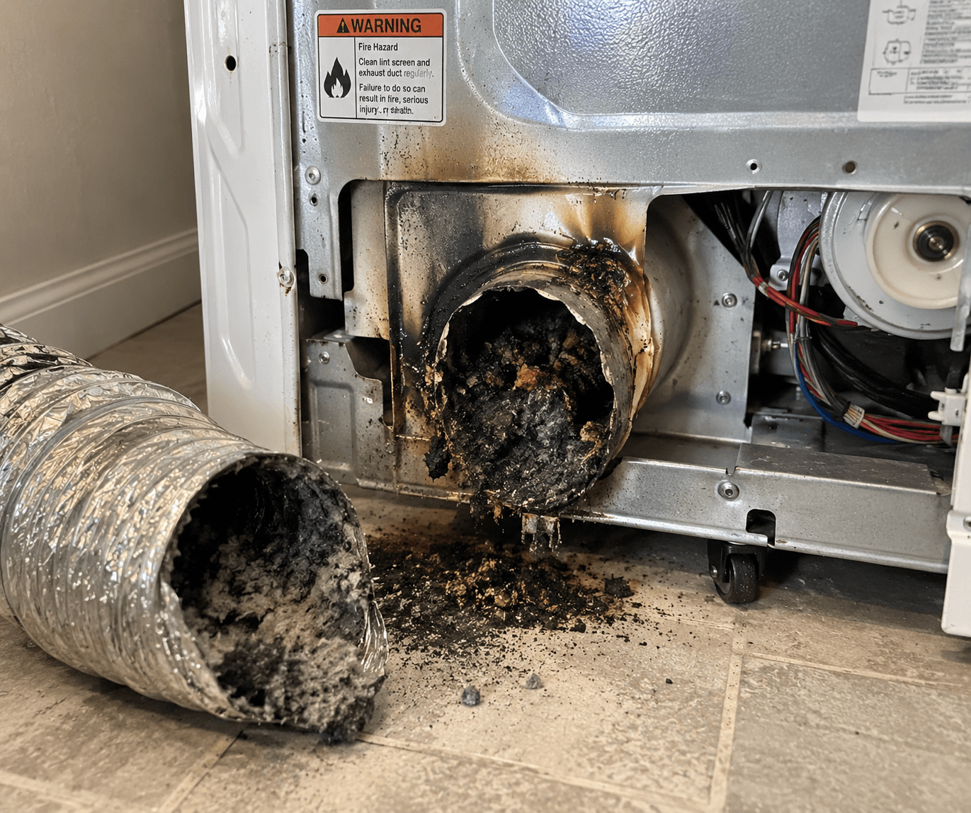 Charred lint clogs a dryer's exhaust vent and hose, illustrating a dangerous fire hazard.
