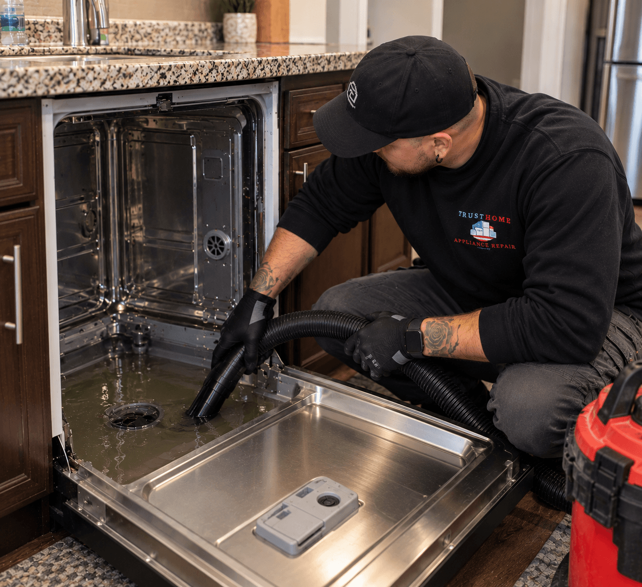 Technician using a vacuum hose to drain standing water from an open kitchen dishwasher.
