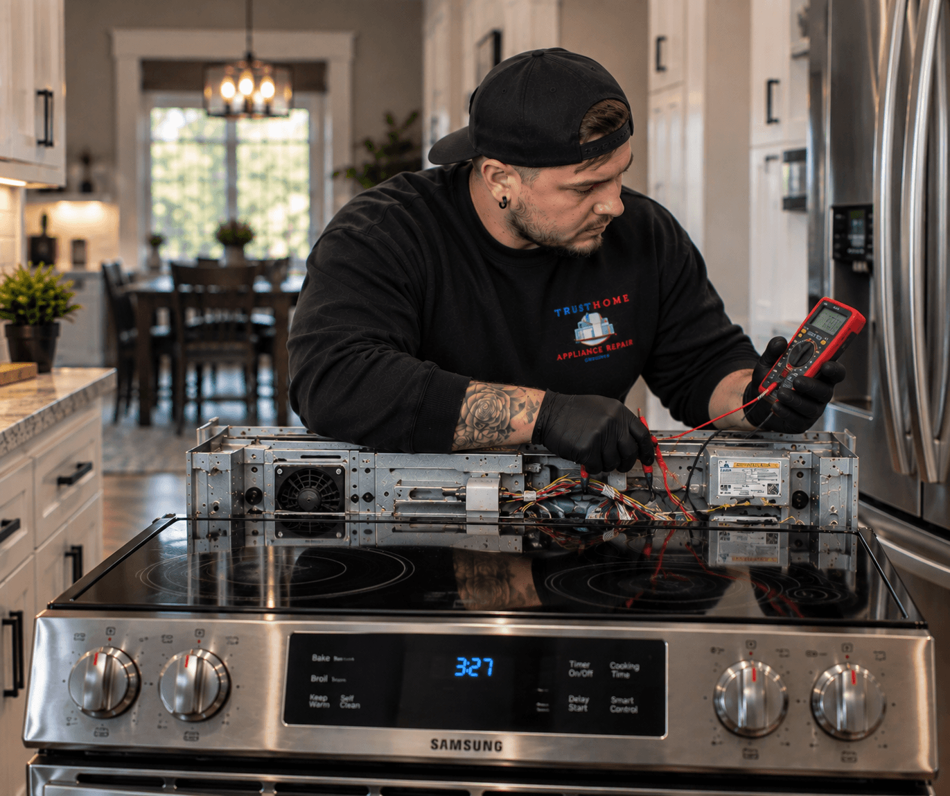 Technician using a digital multimeter to repair a Samsung electric stove in a modern kitchen.